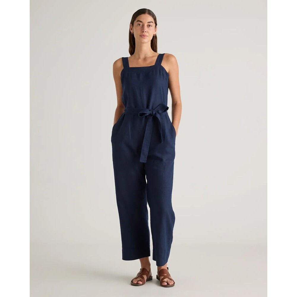 QUINCE Women's 100% European Linen Square Neck Jumpsuit Navy Tie Waist - Picture 1 of 10